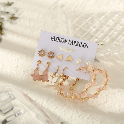 Nehdal Combo of 6 Pair Golden Flower Stud/Butterfly Pearl Hoop Earrings For Women/Girls Pearl Alloy Drops & Danglers