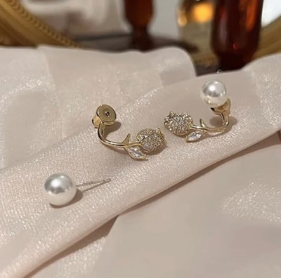 neze NZ 42 Rose Flower Pattern - Elegant Big Pearl Studs And Party Stud Earrings. Alloy Cuff Earring
