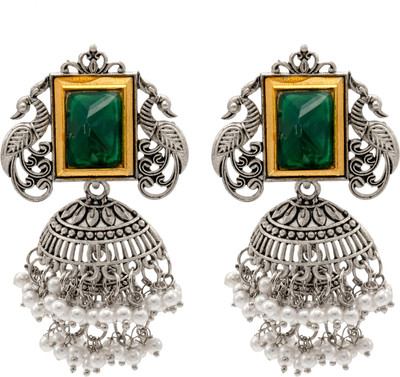 Shining Jewel Shining Jewel Matte Antique Oxidised Silver Crystal Studded Peacock Drop Earring Brass Drops & Danglers