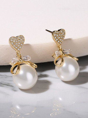 Dressberry Korean Studded Heart Bow Pearl Earrings For Females 2 Pcs/Set Cubic Zirconia Alloy Drops & Danglers