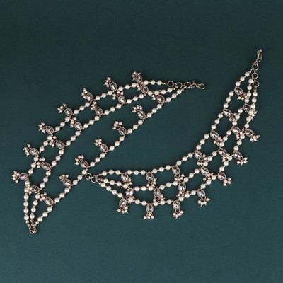 Saloni Fashion Jewellery 3 String White Kundan Stone Gold Plated Set Of 2 Ear-Chain (Kaanchain) For Women Alloy Ear Thread