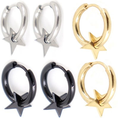 NNPRO Round Shape Earring Star Black,Silver&Yellow Hoop Earring For Girls &Women 3Pair Metal Hoop Earring