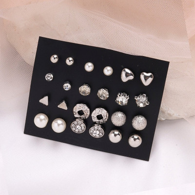 TVI Combo of 6 Pair Golden Heart Stone Stud And Pearl Hoop Earrings For Women/Girls Pearl Alloy Hoop Earring