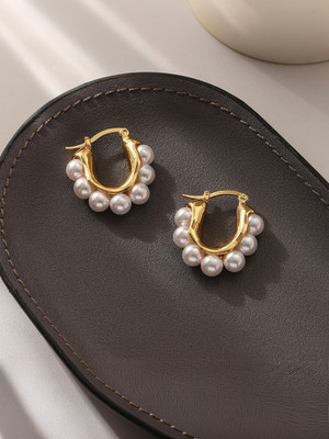 Aylana Golden U Shaped Hoop With Pearl Korean Earrings Pearl Alloy Hoop Earring, Huggie Earring