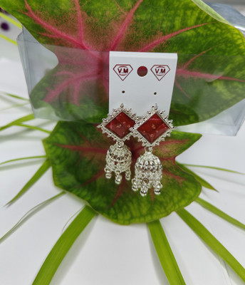JB Collection Red Royal Charm Silver Finished Alloy Jhumki Earring