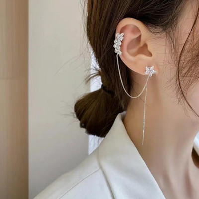 JDENTERPRISES Floral Stone Korean Earcuff Threader Earrings 2Pcs/Set Cubic Zirconia Alloy Cuff Earring