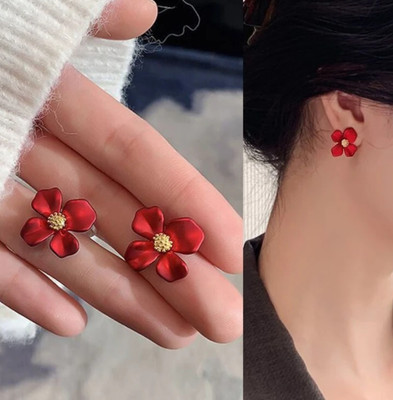 LBTK RED FLORAL FLOWER STUD KOREAN EARRING Cubic Zirconia Alloy Stud Earring, Drops & Danglers