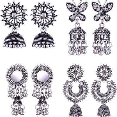 MEENAZ oxidised earrings jhumki silver combo party stylish simple small jhumka 4 set Beads, Pearl, Cubic Zirconia, Diamond Brass, Enamel, Copper, Zinc, Stone Drops & Danglers, Chandbali Earring, Earring Set, Jhumki Earring