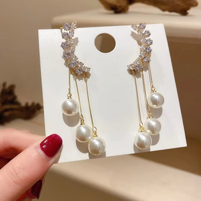 Tiso Trendy Earrings White Pearl Ear Cuff Western Earrings for Women Girls Stylish Crystal, Cubic Zirconia, Pearl Alloy, Brass, Stone Drops & Danglers