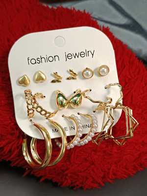 Shivaay Jewels Golden Tone 9 Pair Earrings & Studs Combo set Stainless Steel, Alloy Drops & Danglers, Hoop Earring, Plug Earring, Stud Earring, Earring Set