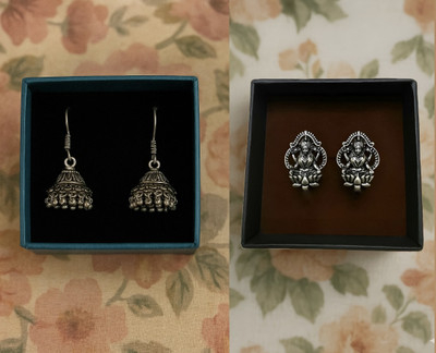 GanPatique Combo of 2 Small Silver Oxidised Jhumki & Stud Earrings Set for Women & Girls. Brass Jhumki Earring, Hoop Earring