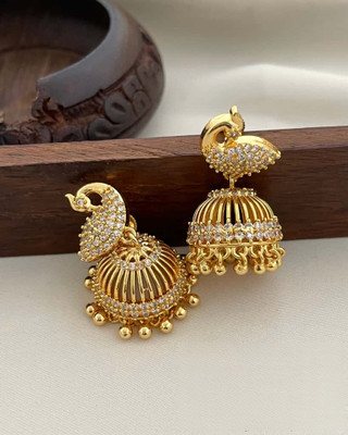 PBM CREATIONS GOLD PLATED AD STONE WEDDING JHUMKI / PEARL STUD / KUNDAN BEADS EARRING Copper Drops & Danglers, Jhumki Earring