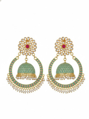 the modern craft Kundan Jhumka Earrings, Gold-Plated Chandelier Design, Mint Green Enamel Metal Jhumki Earring