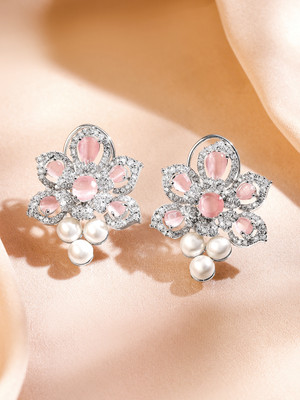 RUBANS Rhodium-Plated Blue Sapphire & CZ Studded Oval Statement Drop Earrings Brass Drops & Danglers