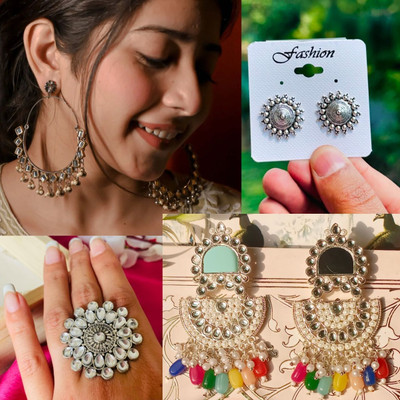 Ashir Oxidised chandbali Earrings and stylish ring and tops for women and girls Alloy Chandbali Earring