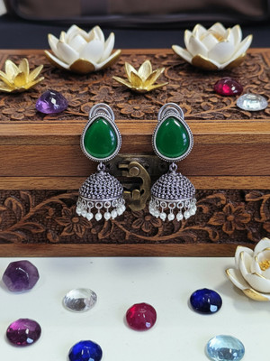 Kamakshee by jaya Silver Oxidised Jumki, Drops & Danglers Pair of 2 green and Yellow earings Brass Drops & Danglers