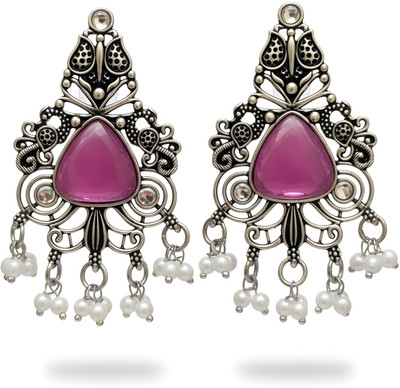Maadhurita Jewels Hub Silver Oxidised Stones & Beads Traditional Dangle Earring For Women Pearl German Silver Drops & Danglers