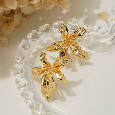 vien 18K Gold Plated Brass Flower Stud Earrings for Women | Zircon Inlaid Jewelry Stainless Steel Stud Earring