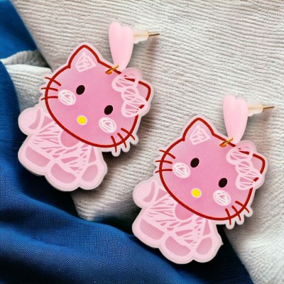 Lucky Jewellery Designer Pink Color Hello Kitty Cute Dangle Earrings For Girls & Women Plastic Drops & Danglers