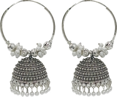 Malana Merino Silver Jhumka Earring White Pearl Chandbali Oxidised Hoop Earrings for Women Alloy Hoop Earring