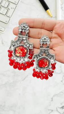 SHUCHI Red Danglers Earrings Square Cubic Zirconia Brass Drops & Danglers
