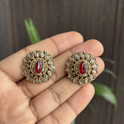 TaranaJewelry Ruby Red Oval Floral Kundan Stud Earrings, Antique Gold Ruby Brass Stud Earring