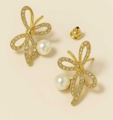 Harmi collection Elegant Bow Pearl Stud Earrings Pearl Alloy Stud Earring, Drops & Danglers, Rhinestone Studs