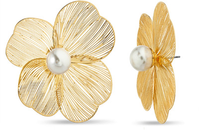 Whipcord Golden Bloom Pearl Stud Earrings for Girls and Women Alloy, Metal Stud Earring