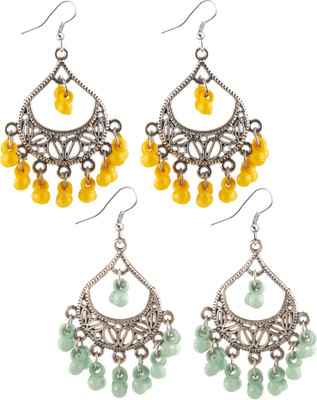 Creative Frogs Set of 2 Oxidized Silver-Toned Chandbali Earrings with Yellow & Sea Green Bead Alloy Jhumki Earring
