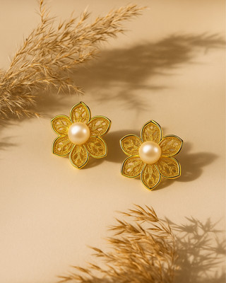 REVOSHA Revosha Gold Plated Filigree Floral Stud Earrings with Pearl for Women & Girls Pearl Stainless Steel Stud Earring