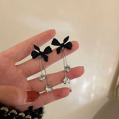 YU Fashions Yu Fashion Black Bow Silver Tassel Korean earrings Pair Crystal Metal Drops & Danglers