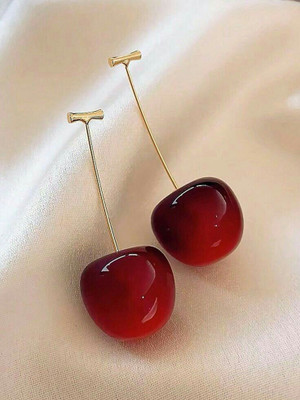 ALTRIX TRADER Cherry Charm Drop Earrings – Elegant Gold & Red Statement Jewelry Alloy Stud Earring