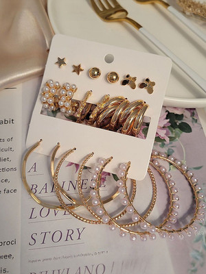 Dressberry Combo Of 9 Pair Butterfly Star and Pearl Stud and Hoop Earrings Pearl Alloy Hoop Earring