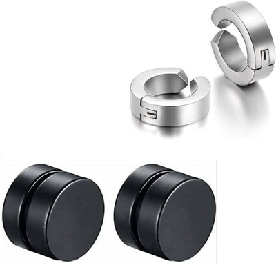 house of common 2 Pair Combo Non Piercing & Magnetic Earrings for Men FLIComNonPearSTEa-19 Metal Magnetic Earring