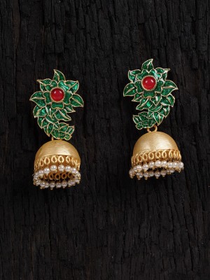 Shoshaa Gold-Plated Green & red enamelled handcrafted Jhumkas Earrings Alloy Jhumki Earring