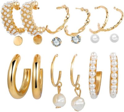 Exotique Combo 9 Pair Stunning Gold Plated Pearl Hoop Earrings Alloy Hoop Earring, Stud Earring, Earring Set