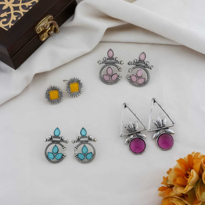 forenta Oxidized Silver Boho Stud Earrings Combo for Women and Girls – Set of 4 Pairs Alloy Earring Set