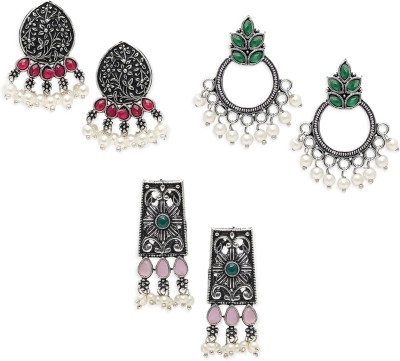 Oomph Combo of 3 Oxidised Silver Ethnic Drop Earrings- Pink, Green & Maroon Stones Beads, Crystal Alloy Drops & Danglers