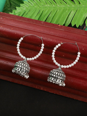 Sangria Stylish Gold Tone White Pearl HoopWire Bali With Dome Earring Cubic Zirconia Brass Jhumki Earring