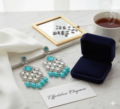 pas Unique turquoise silver Stone Jhumka Earrings for girls & women for party wear Cubic Zirconia, Crystal, Beads Alloy Plug Earring, Jhumki Earring, Earring Set, Drops & Danglers, Chandbali Earring