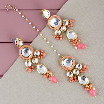 Lucky Jewellery Traditional Gold Plated kundan Stone Peach color Tika Earring set Beads Alloy Drops & Danglers
