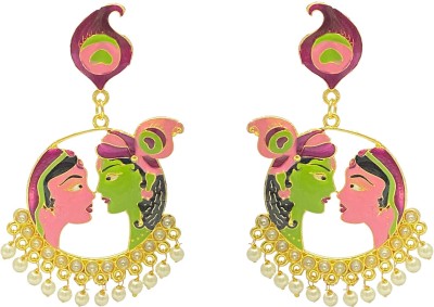 Fashion Theme Earrings for Women Traditional Radha Krishna Earrings Stone Chandbali Jhumka Crystal, Pearl, Beads Brass Earring Set, Chandbali Earring