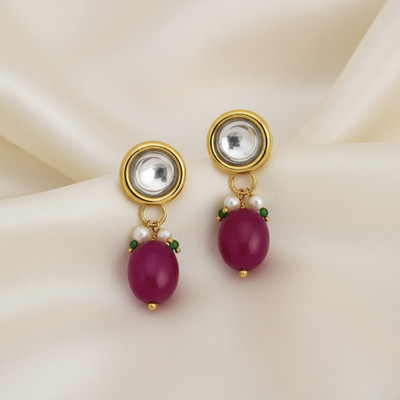 SHI Jewellery Kundan Gold Plated Round Shape Pearl Drop Stud Earrings for Girls and Women Mother of Pearl Alloy, Brass Plug Earring, Stud Earring