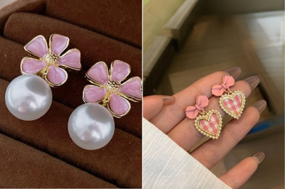 IEEP Korean Earrings Combo Pack of 2 for Women & Girls Pink and Gold Pearl Studs Alloy Stud Earring
