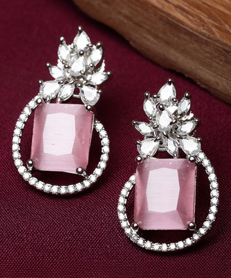 ZENEME Silver Tone Pink & White American Diamond studded Paisley Shaped Studs Earrings Cubic Zirconia Brass Stud Earring