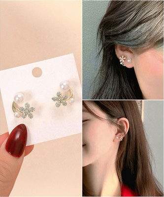 MRIDU Korean Stud Earrings Elegant Diamond Flower Pearl Earrings for Women Pearl Alloy Stud Earring