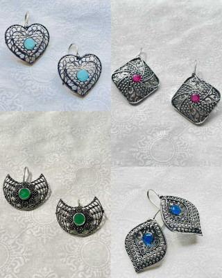 JANKI EARING Oxidized German Silver Earring Set Crystal Brass, German Silver Drops & Danglers