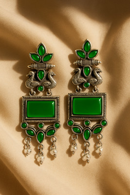 Mini Bits & Crafts Classic Silver Oxidized Earrings with Peacock Motif and Beads Onyx Alloy Jhumki Earring