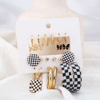 HOUSEOFTRENDZZ Geometric Grid Fashion Black White Checkerboard Plaid Acrylic Hoop Earrings Set Acrylic Drops & Danglers, Hoop Earring, Stud Earring