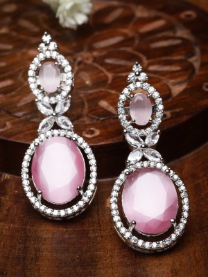 ZENEME Silver Tone Pink & White American Diamond studded Oval Shaped Drop Earrings Cubic Zirconia Brass Drops & Danglers